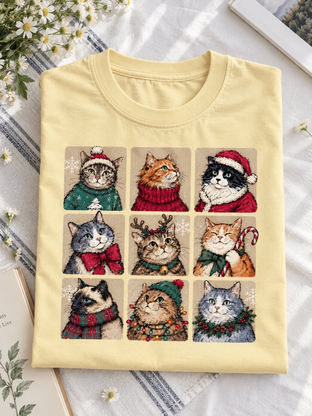 Christmas Cat Graphic Tee, Festive Holiday Cats T-Shirt, Xmas Cat Shirt